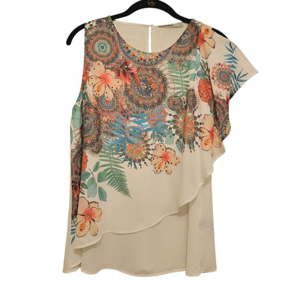 NWT Desigual Women White Colorful Floral Artsy Spring Summer Blouse Top Sz Large